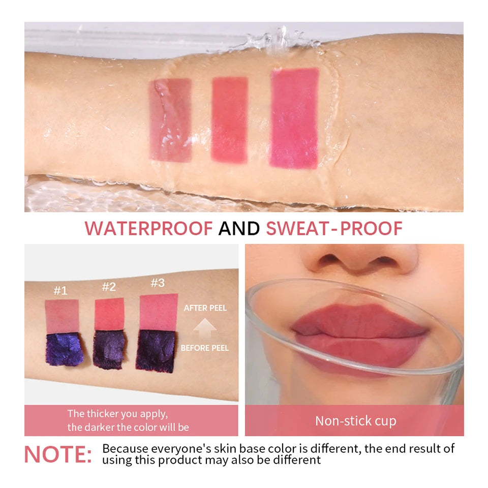 Lakerain waterproof peel-off lip gloss swatches showing matte, long-lasting mist lip tint colors on skin and lips.