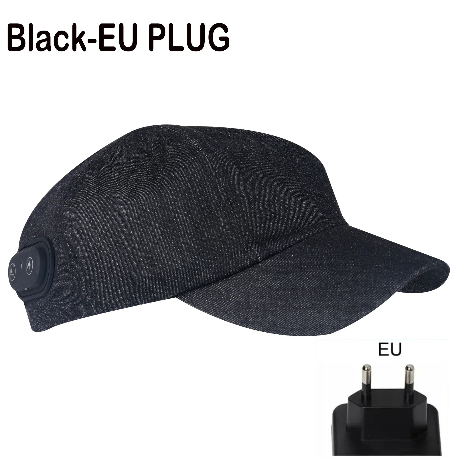 Black denim red light hair growth cap for scalp therapy, anti-hair loss, and stress relief with EU plug charger.