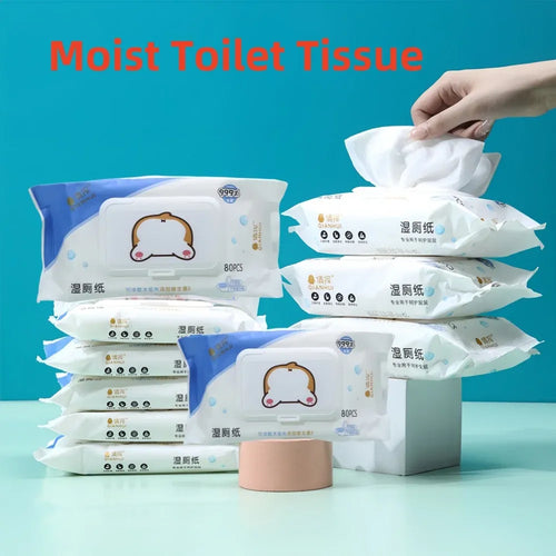 Qianhui moist toilet tissue wipes, 80-count baby care wipes with cute cartoon dog design on packaging.