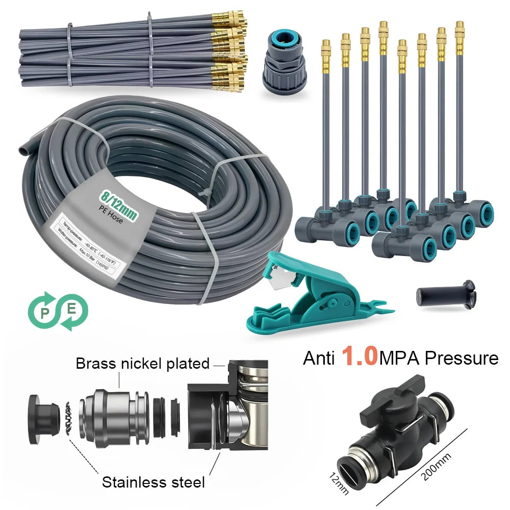 3/8" PE Hose Flexible 360° Bending Adjustable Atomization Nozzle Irrigation Set Quick Connection Garden Spray Watering System