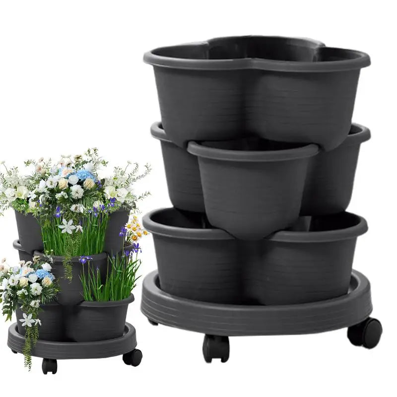 4pcs/set Stackable Vertical Flower Pot Plastic Garden Planter Tower with Movable Casters Strawberry Seedling Frame Decoration