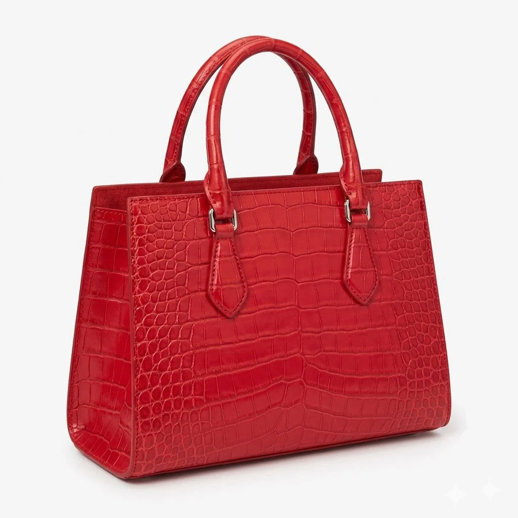 Red alligator-embossed genuine leather designer handbag with dual handles and vintage structured silhouette.