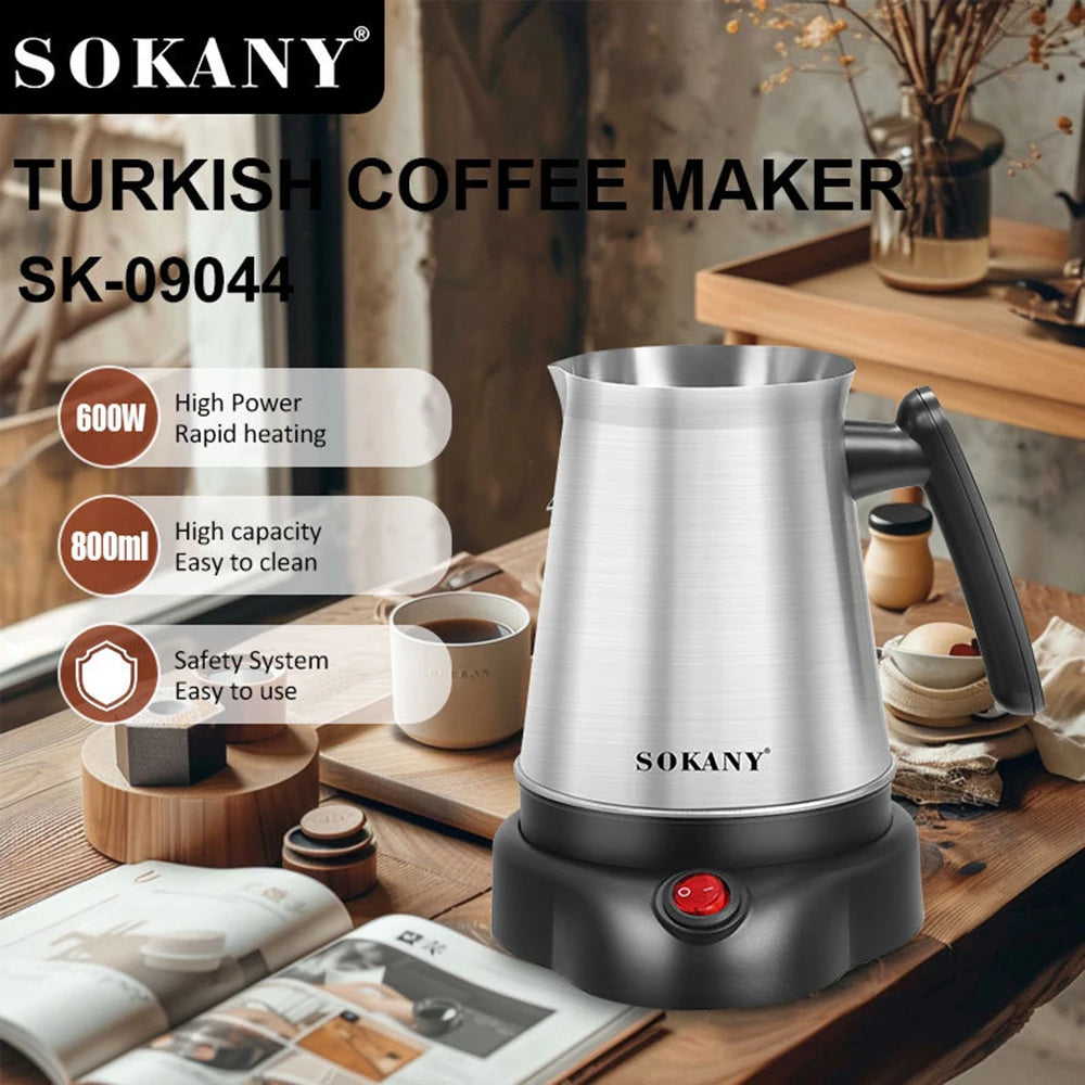 Sokany 800ml stainless steel electric Turkish coffee maker with black base, 600W rapid heating, and power switch.