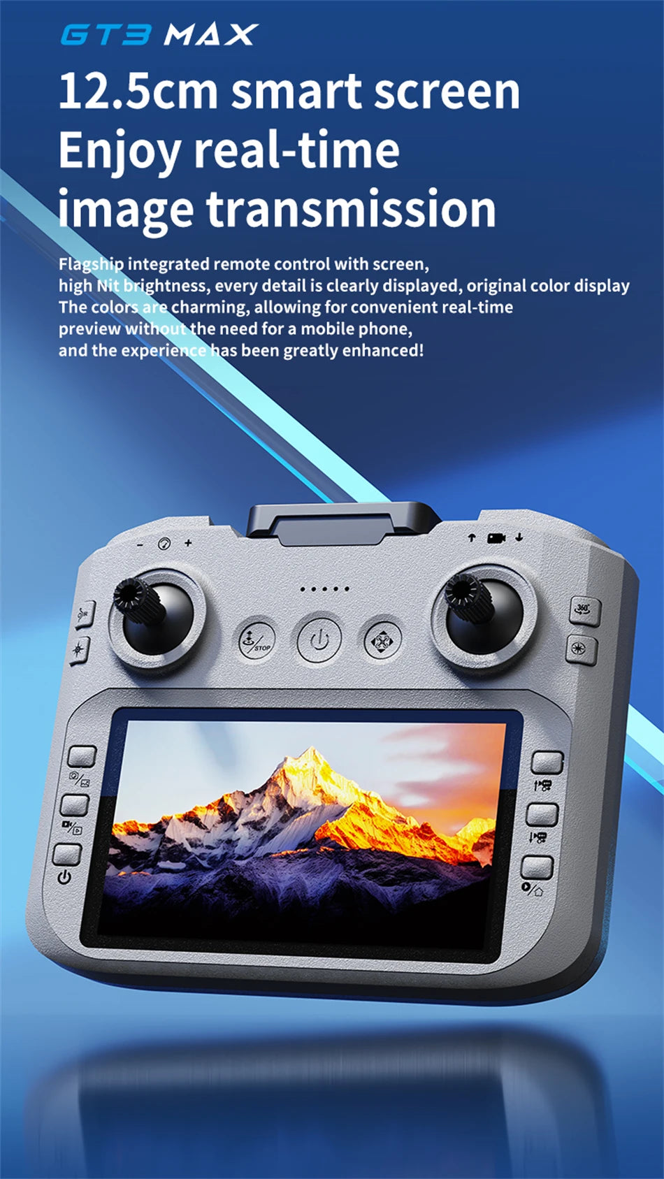 GT3 Max remote controller with a 12.5cm screen, dual joysticks, and buttons, used for drone flight control.
