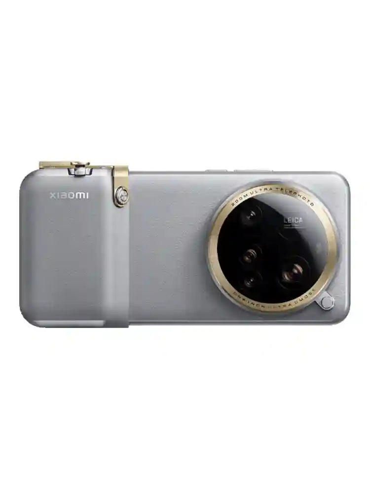 Silver Xiaomi smartphone camera grip case with a large circular lens housing and gold-toned metallic accents.