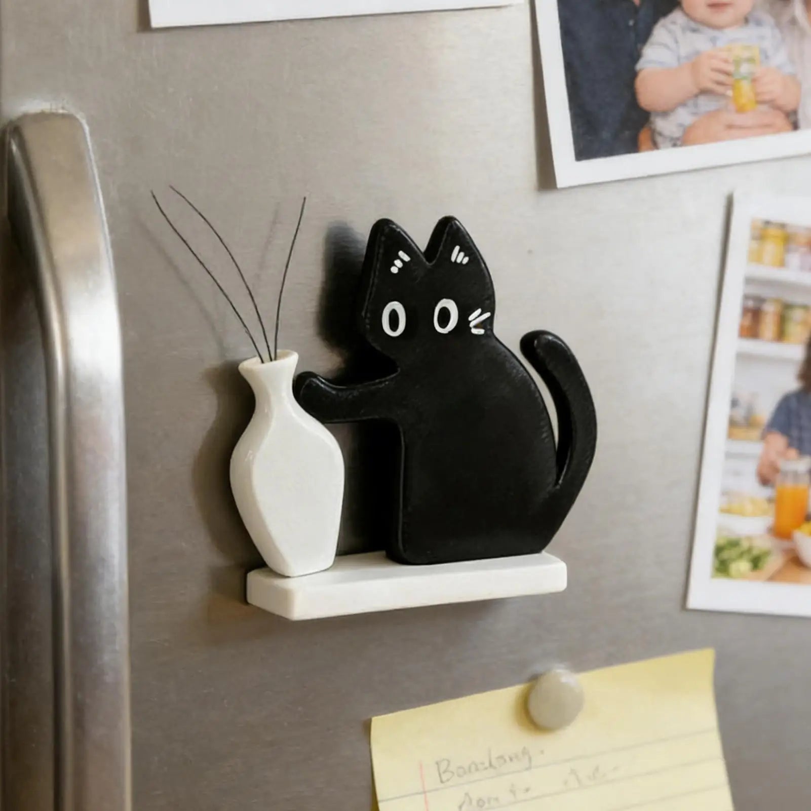 Black cat vase fridge magnet for pet whiskers. A thoughtful pet loss memorial gift for cat lovers.