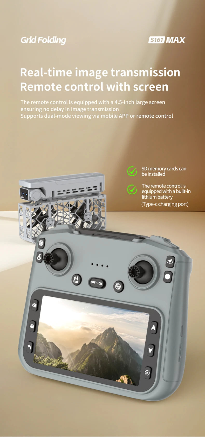 S161 MAX grey folding drone with protective cage and remote control featuring a built-in 4.5-inch video display screen.