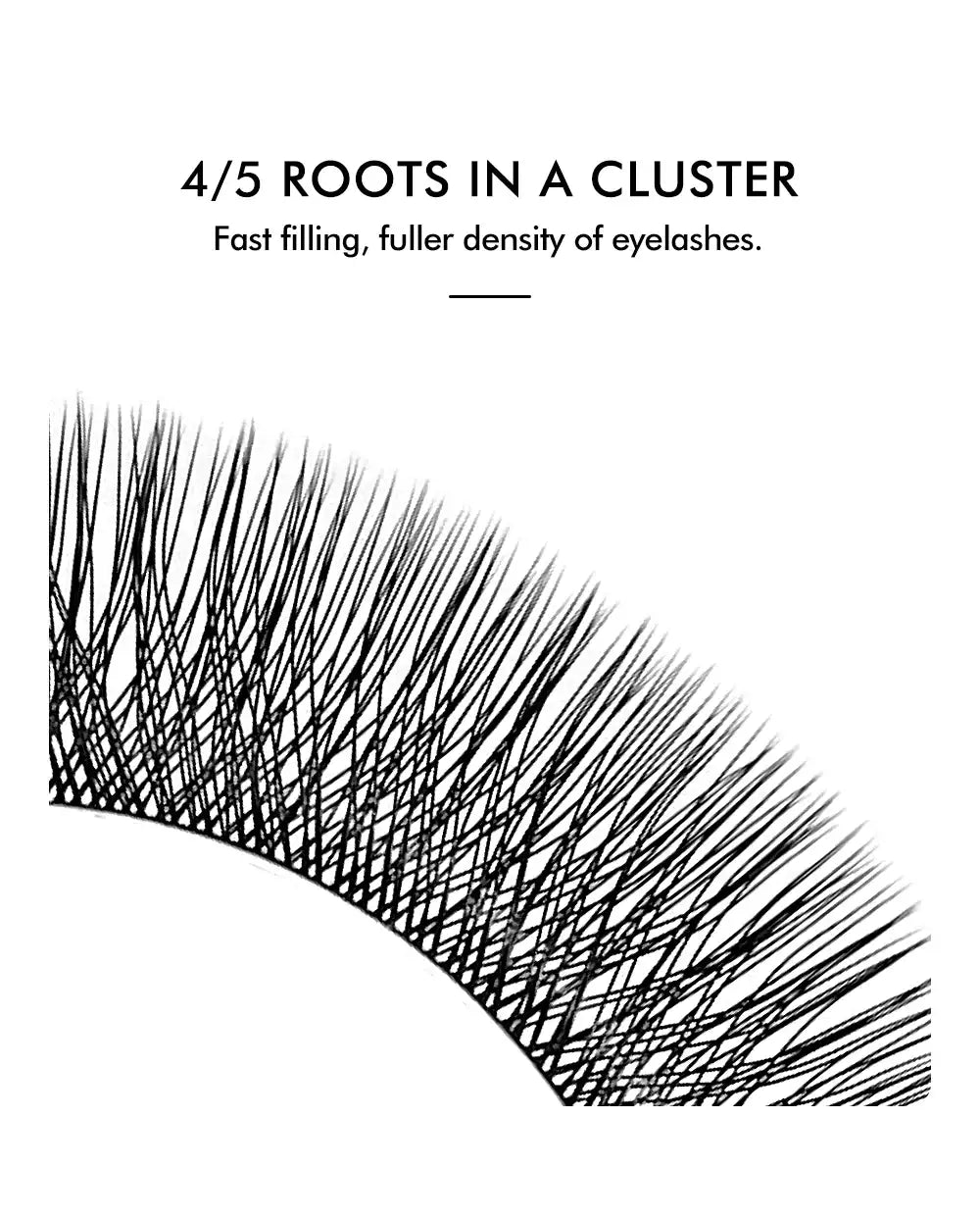Black W-shaped eyelash extensions in a 4/5-root cluster design for dense, rapid volume application.