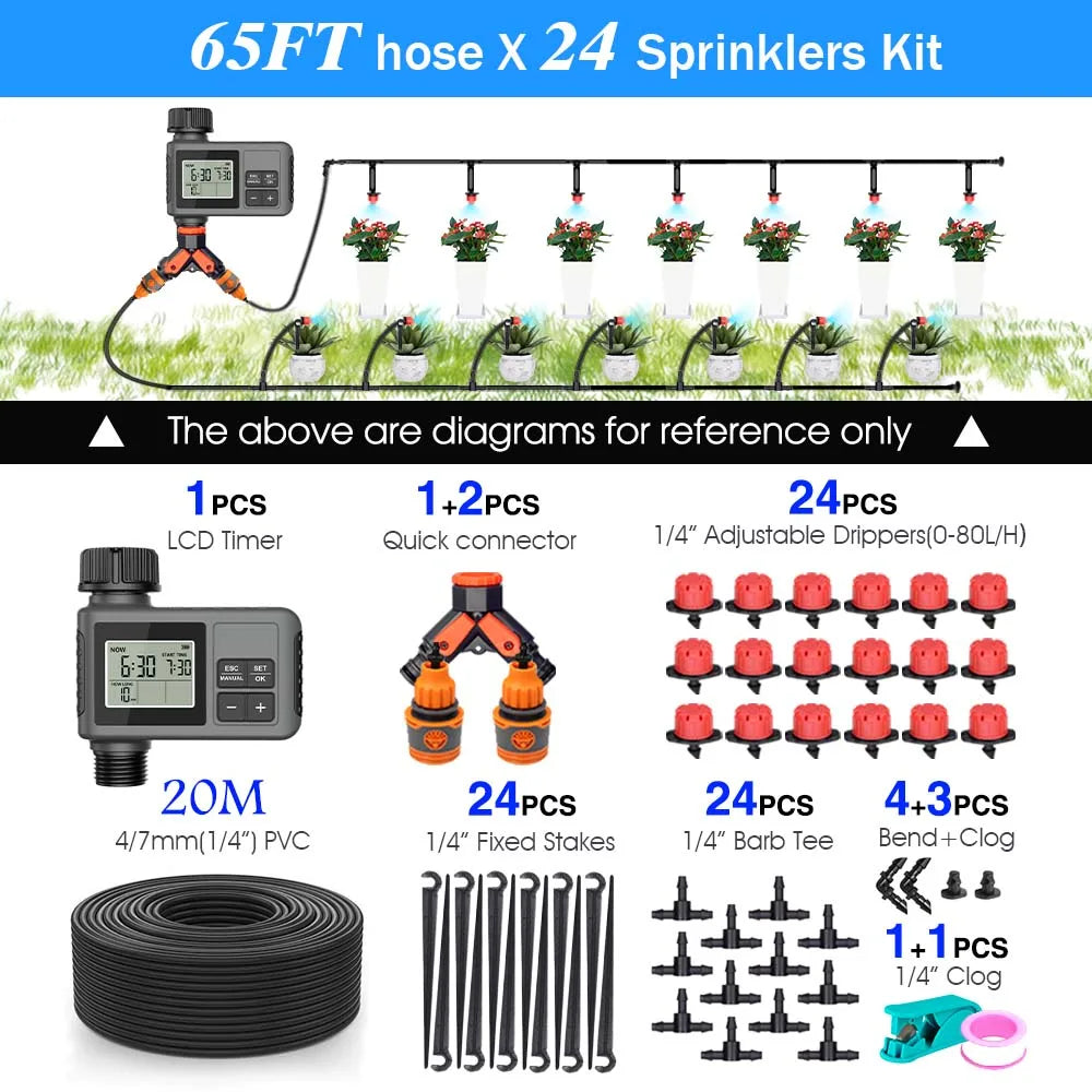 LCD irrigation kit with 24 drippers and stakes, 1/4 in PVC hose for 20 m run