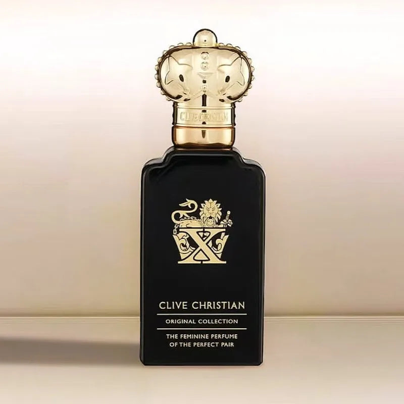Clive Christian X Feminine 50ml perfume: black bottle, gold crown cap, floral amber musk scent with jasmine and rose.