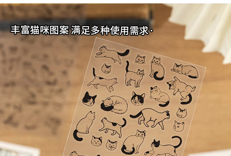 Clear cat stickers, 2-sheet pack for DIY scrapbooking, journaling, and cute pet-themed craft decorations.