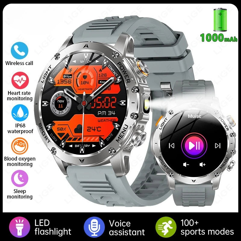 Men's light gray smartwatch with gray silicone strap and round digital dial