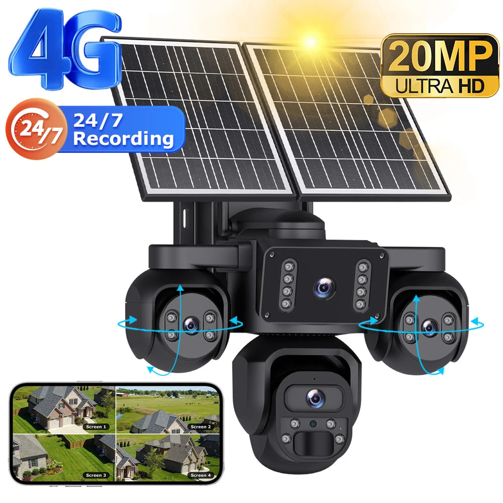 OKAM PRO AOV 24/7 Online Four Lens  AI Solar Camera Security Outdoor 360° Panoramic View CCTV  20100mAh Batterys Night Vision