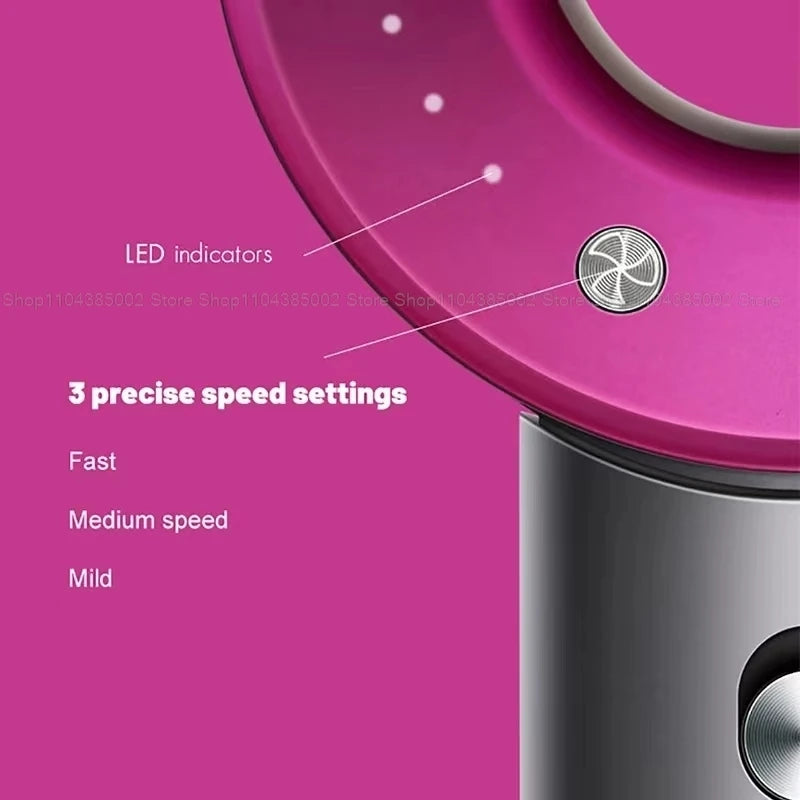Pink leafless negative ion hair dryer featuring 3 precise speed settings and LED indicators for professional quick drying.