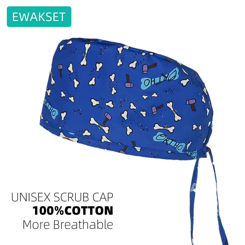 Blue unisex scrub cap with bone print, 100% cotton, adjustable, features sweatband for vets, nurses, and dental work.