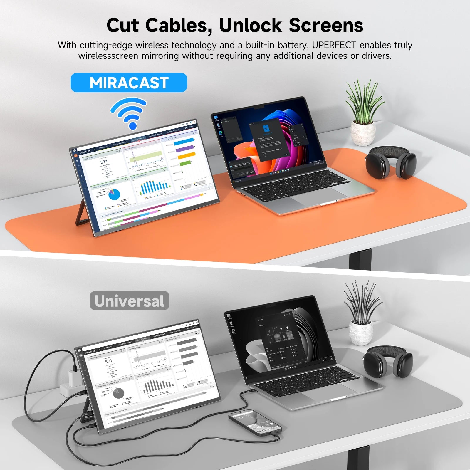 UPERFECT Wireless Portable Monitor Battery-Powered 8000mAh Support AirPlay Miracast 15.6" 1080P IPS USB-C HDMI External Display