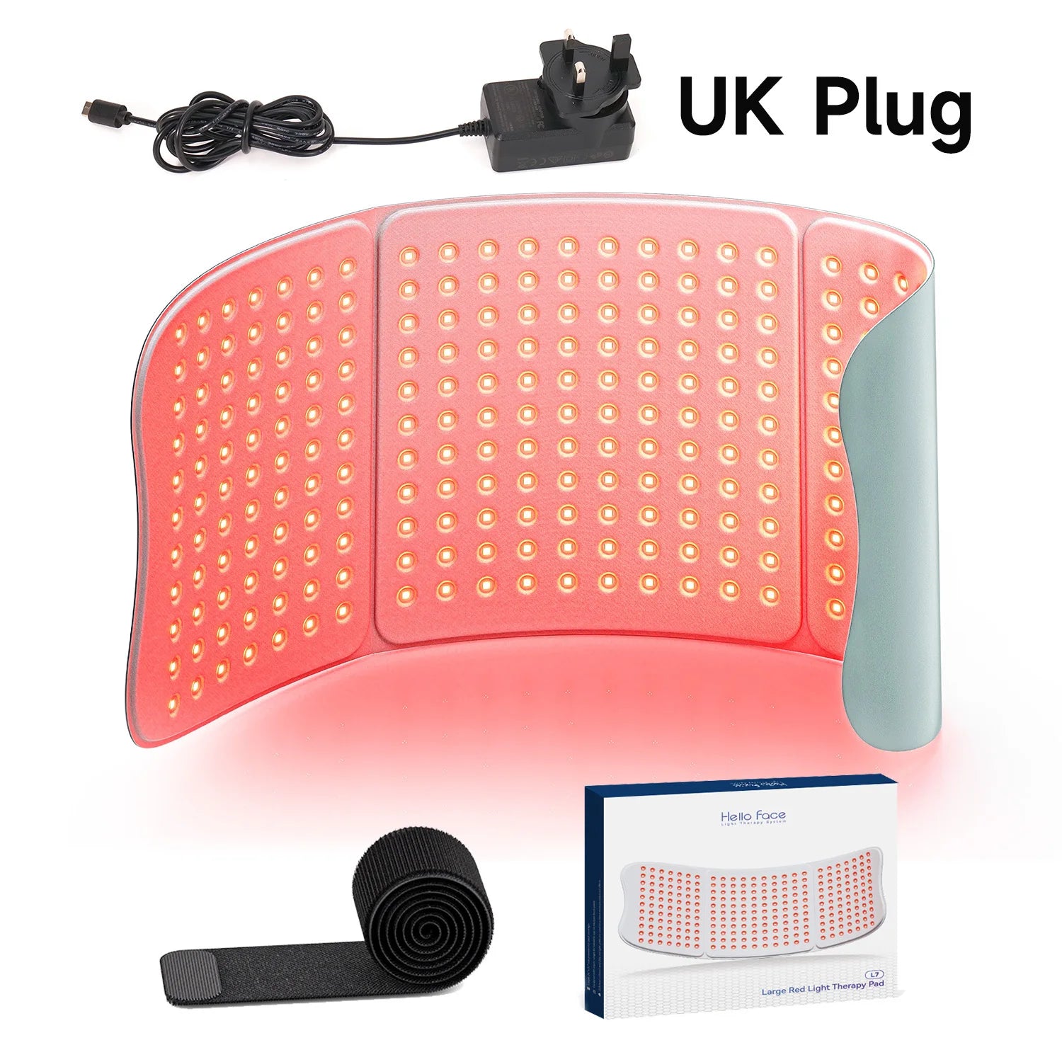 Large red light therapy mat with 792 LEDs, UK power plug, black velcro strap, and product box.