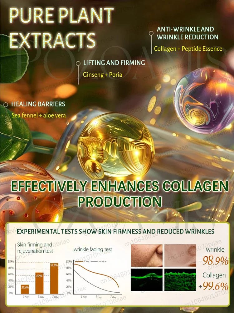 Anti-wrinkle essence with collagen, peptides, ginseng, and aloe vera for firming, radiant skin and wrinkle reduction.