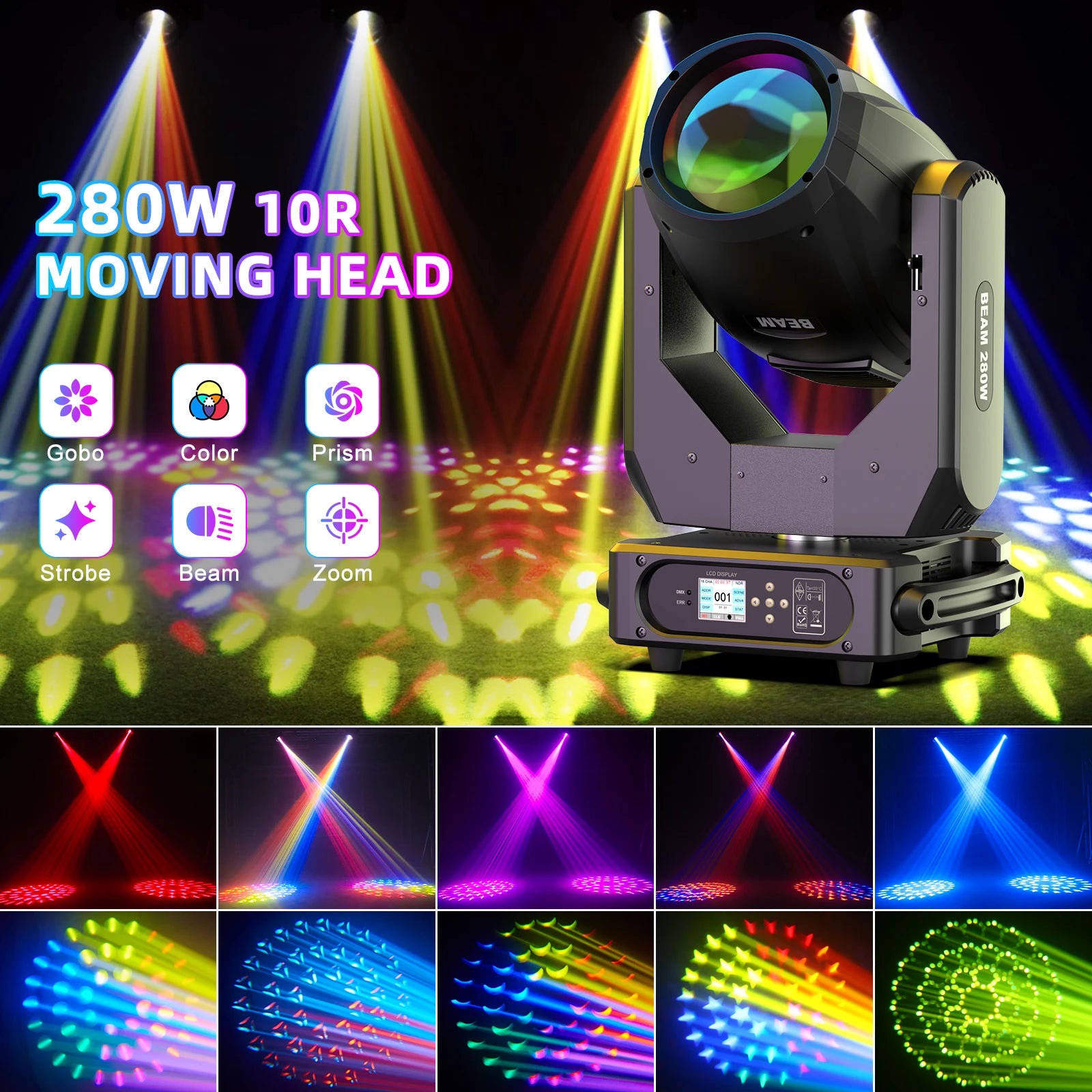 U'King 280W 10R Beam Moving Head Light DMX512 Rainbow Effect Strobe Stage Light 14 Colors 14 Gobos 2 Prisms for DJ Party Disco