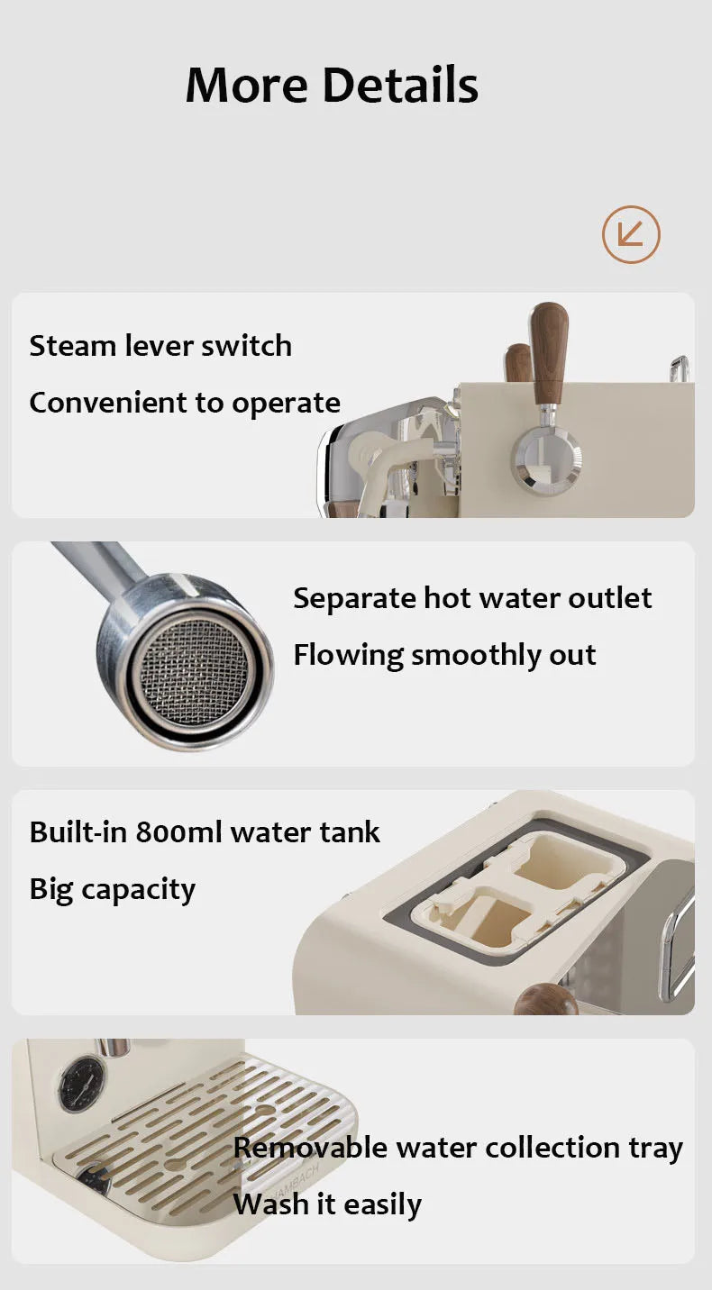 Beige espresso machine with wood-accent steam lever, hot water outlet, 800ml tank, and removable drip tray.