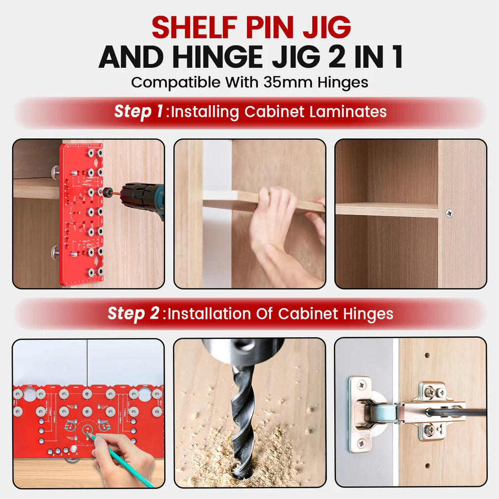 Shelf Pin Jig and Hinge Jig Two-in-One, Self-contained Clamping Function All Metal Shelf Pin Drilling Jig with 1/4" and 5mm Dril