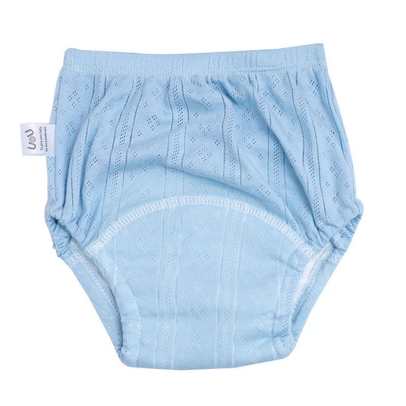 UOU blue baby training diaper with eyelet knit fabric for potty training and comfortable baby care.