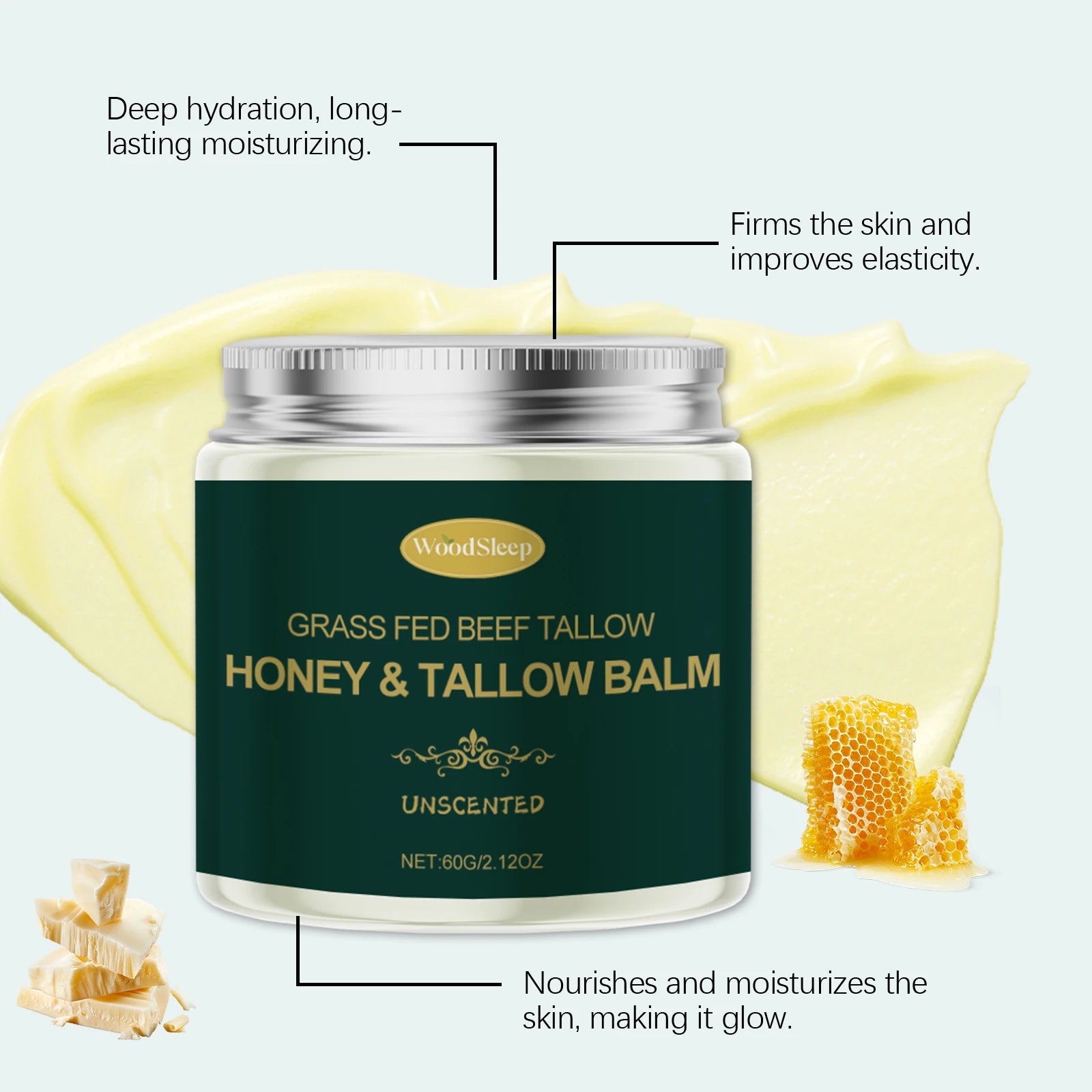 Beef Tallow Honey Face Cream Moisturizing Hydrating Nourishing For Dry Skin Gentle Skin Friendly Daily Facial Care All Skin 60G