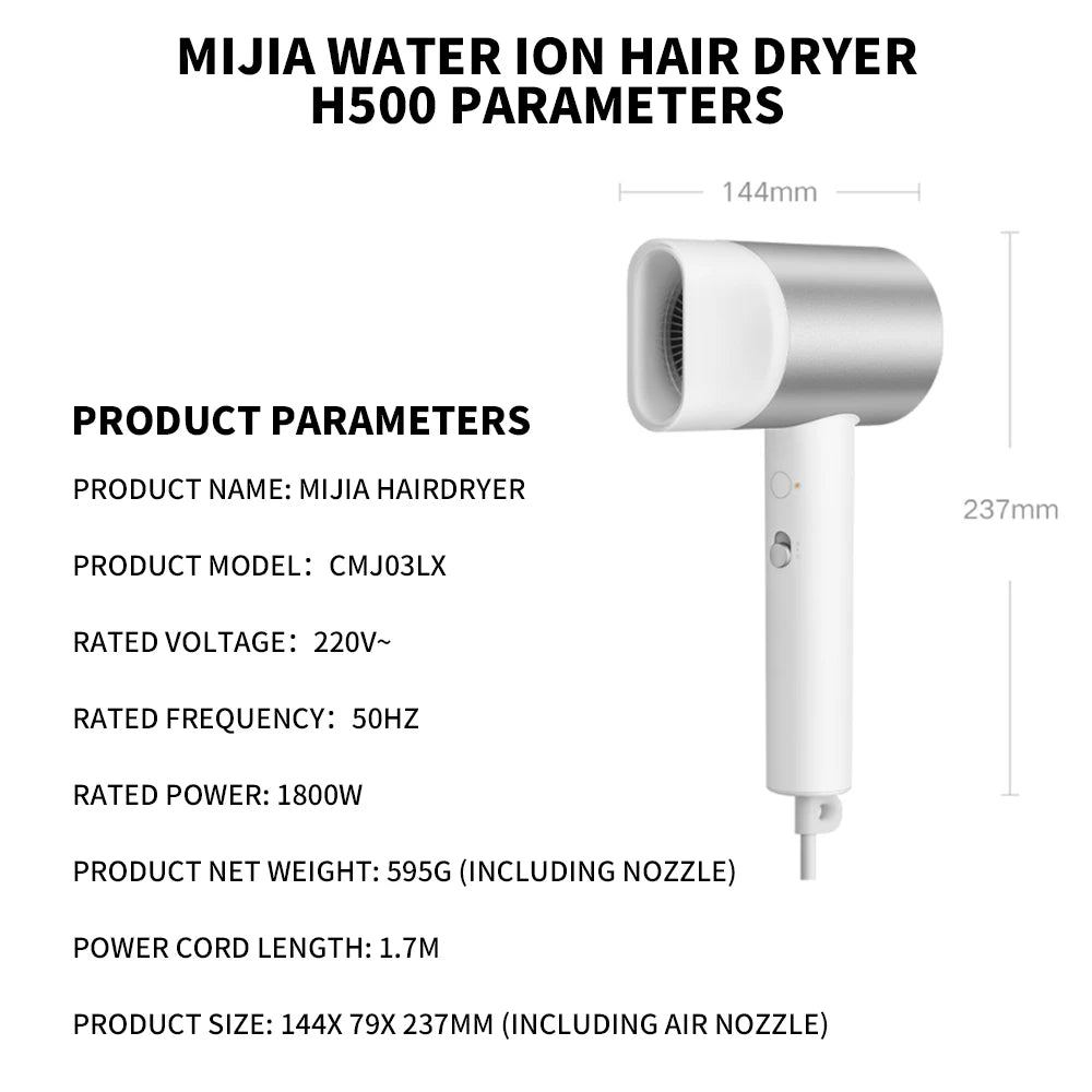 Mijia H500 white and silver water ion hair dryer specs, 1800W professional blower with compact, lightweight design.
