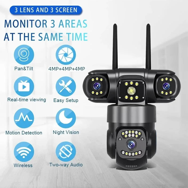 12MP WiFi IP Camera Outdoor Three Lens AI Tracking PTZ 10X Zoom Wireless Security CCTV Video Surveillance