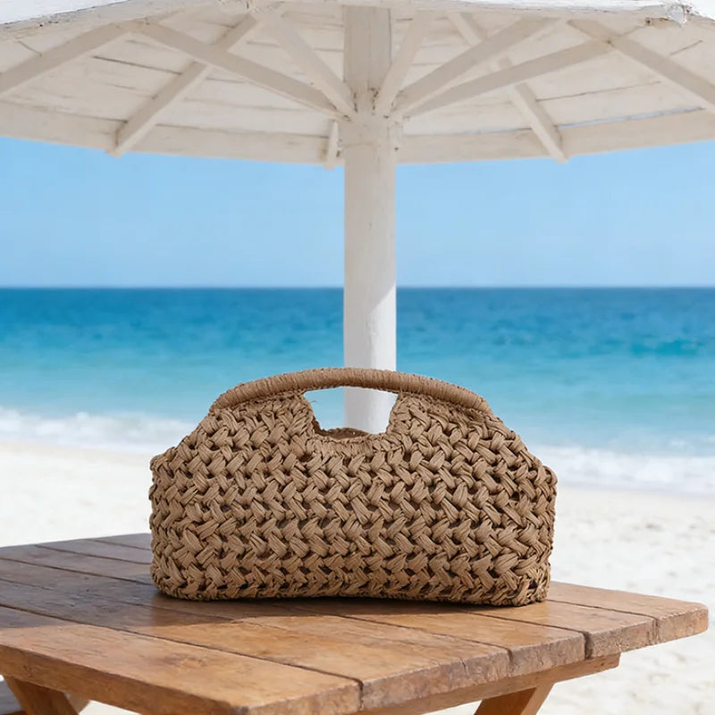 Women's Brand Fashion Clip Handbag, Bohemian Style Large Capacity Travel Woven Bag Popular Elegant Raffia Handmade Crossbody Bag