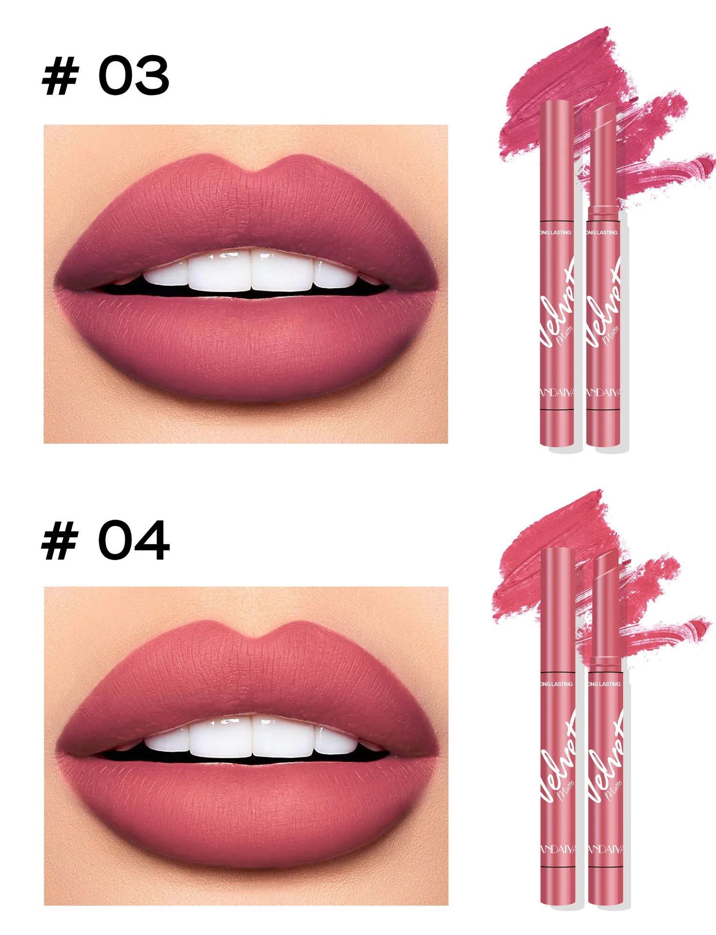 8pcs long-lasting Korean velvet matte lipstick set in shades 03 and 04, featuring smooth, pigmented lip makeup pencils.