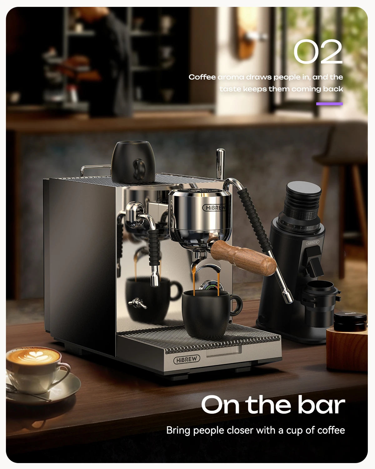 HiBrew stainless steel espresso machine with portafilter and matching coffee grinder on a kitchen counter.