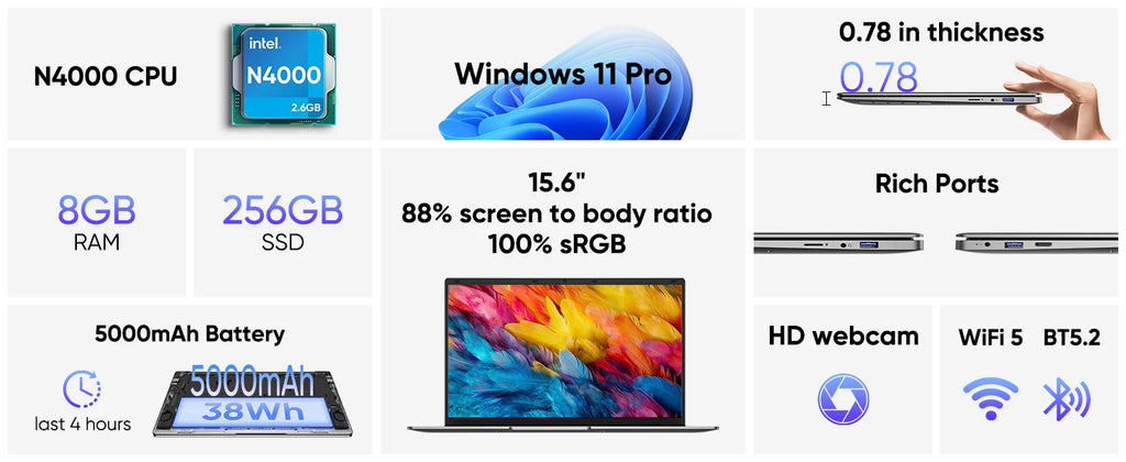 15.6 "Thin & Portable Laptop Computer Intel Celeron N4000 8GB RAM 256GB SSD FHD 1920x1080 16:9 Display For Work And Study