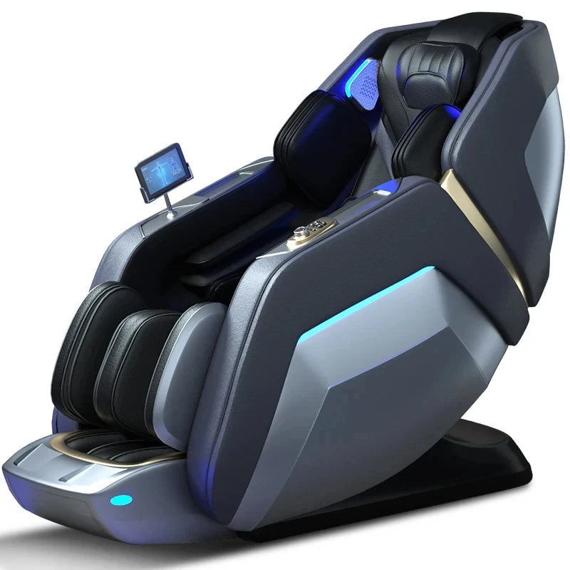 Dark grey and silver electric massage chair with black cushioning, blue LED accents, and a tablet control mount.
