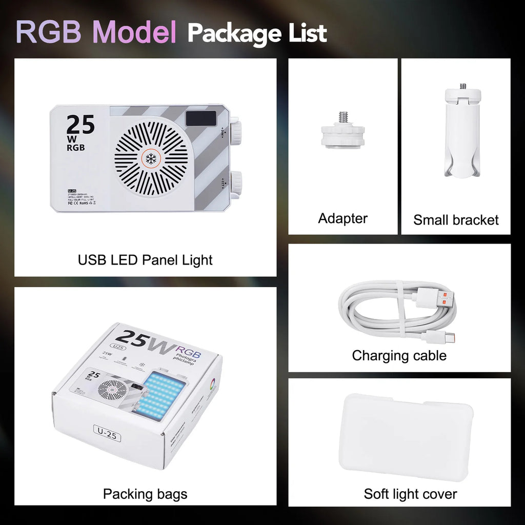 RGB LED panel light set including adapter, tripod bracket, USB cable, packing box, and silicone soft light cover.