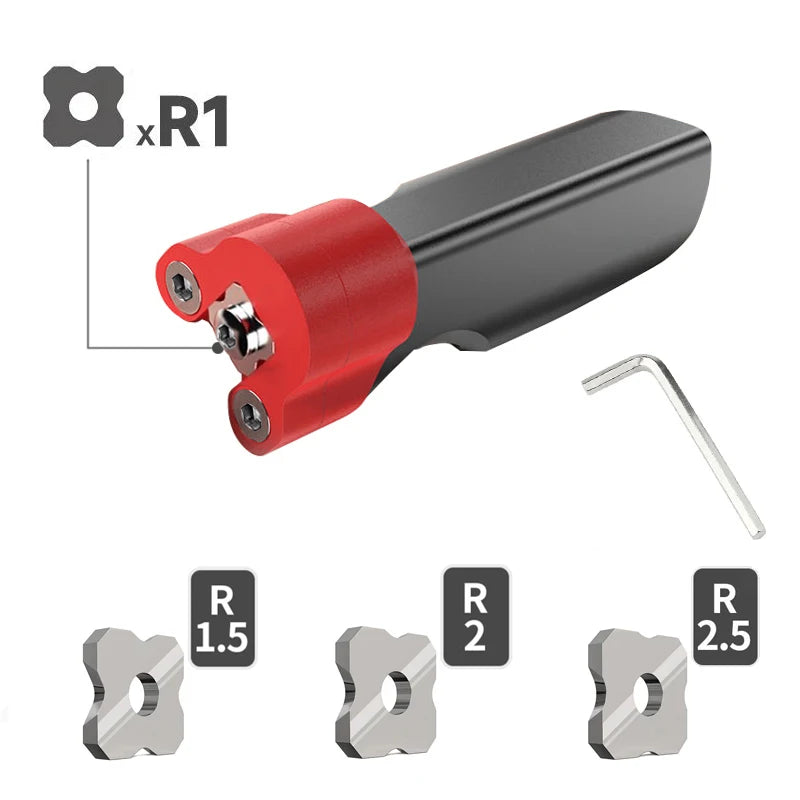 Corner planer blade set tool, red cutter and black body, hex key; sizes R1.5/R2/R2.5