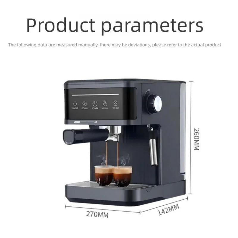 Compact black espresso machine with digital touch panel, portafilter, steam wand, and 260mm height dimensions.