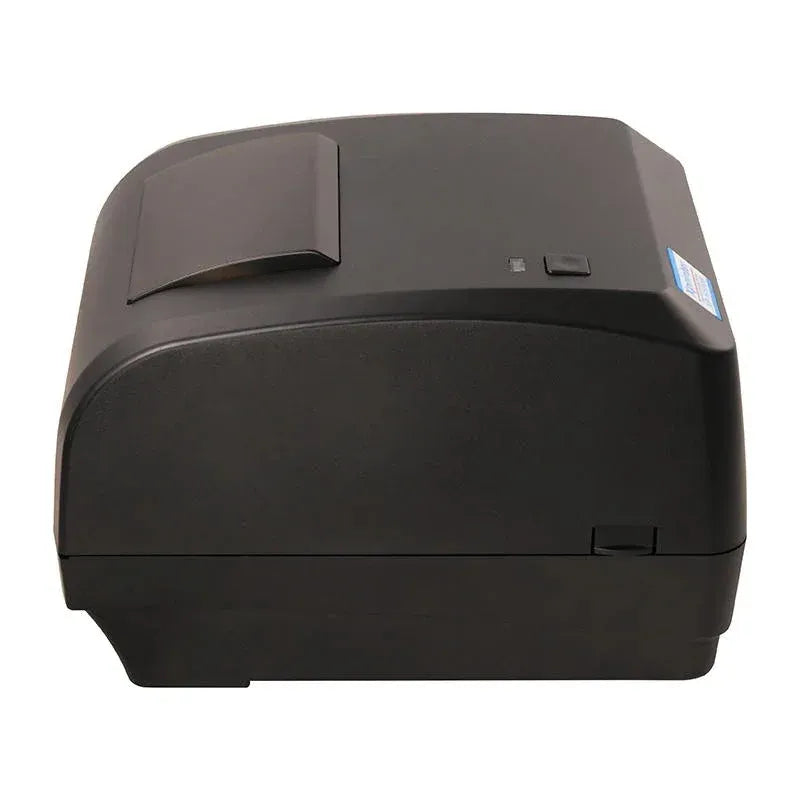 Black desktop barcode and label printer with top button and side status panel.