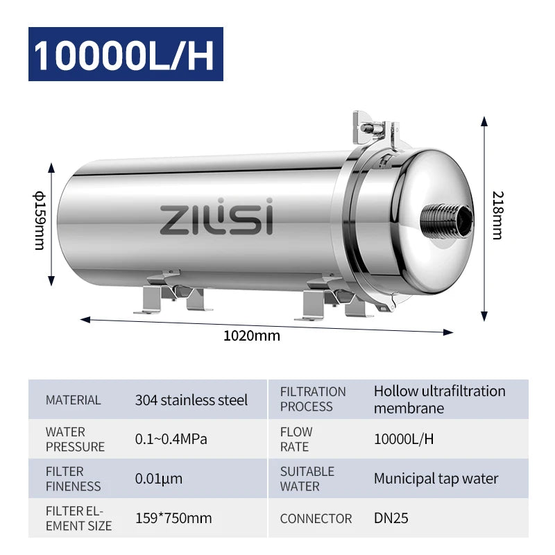 Tidesmit ZILISI whole house water purifier with reusable PVDF filter for high flow stainless mineral water filtration