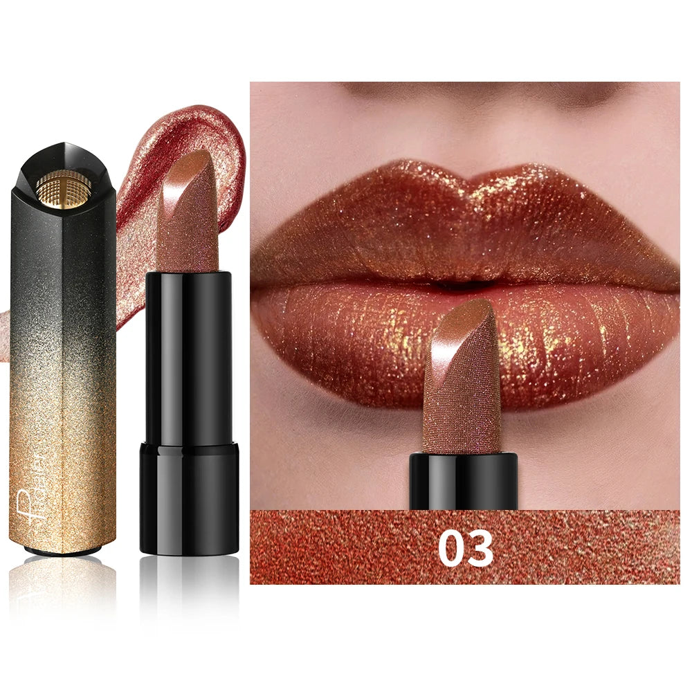 Pearly metallic lipstick in copper shade, creamy glitter shimmer texture with high color payoff for party makeup.