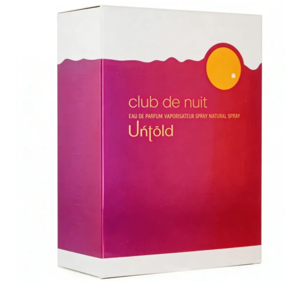 Armaf Club de Nuit Untold 105ml Eau de Parfum, unisex seductive scent in a rectangular box with pink and white design.