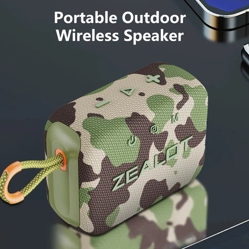 Camouflage portable wireless speaker with wrist strap, fabric mesh body and ZEALOT logo