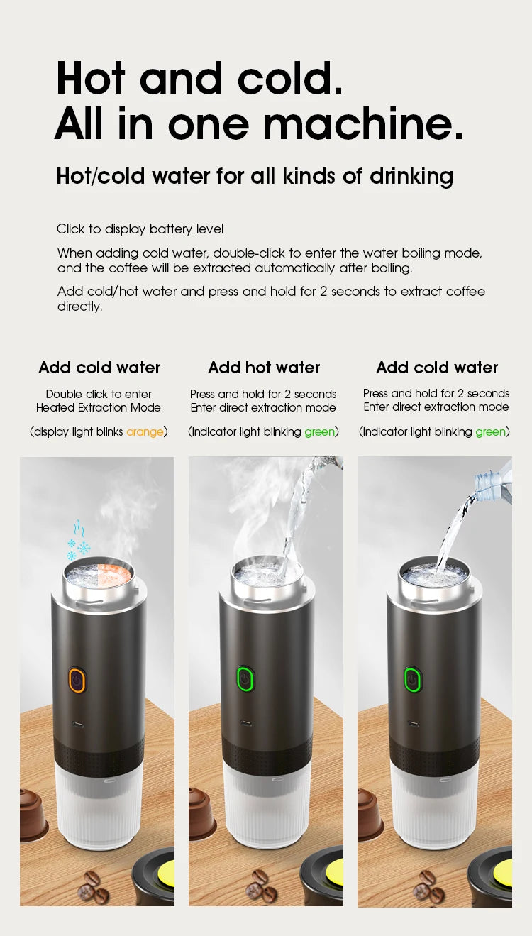 Tidesmit 3-in-1 portable espresso machine for car and camping, showing side profile and control button interface.