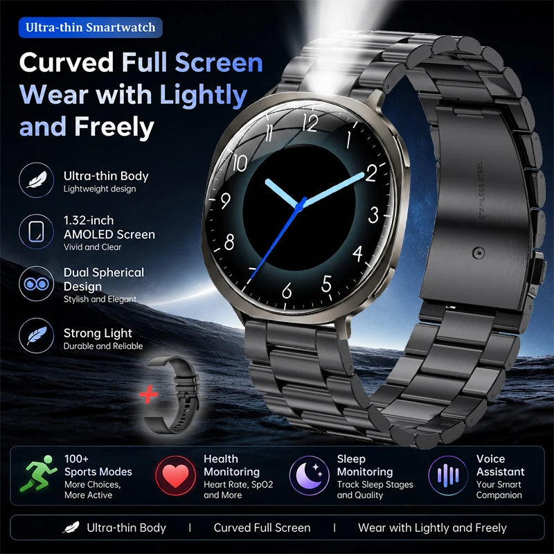 Silver metal-link smartwatch with dark round screen, curved bezel