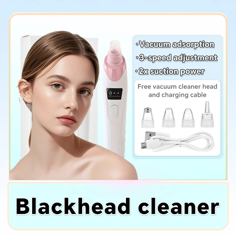 Electric blackhead remover vacuum with 3 suction speeds and 4 heads for acne, pimple, and pore deep facial cleansing.