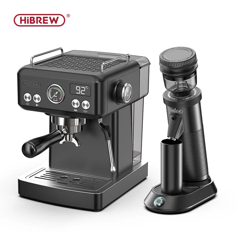 HiBREW black espresso machine with digital temp gauge and matching burr coffee grinder on a white background.