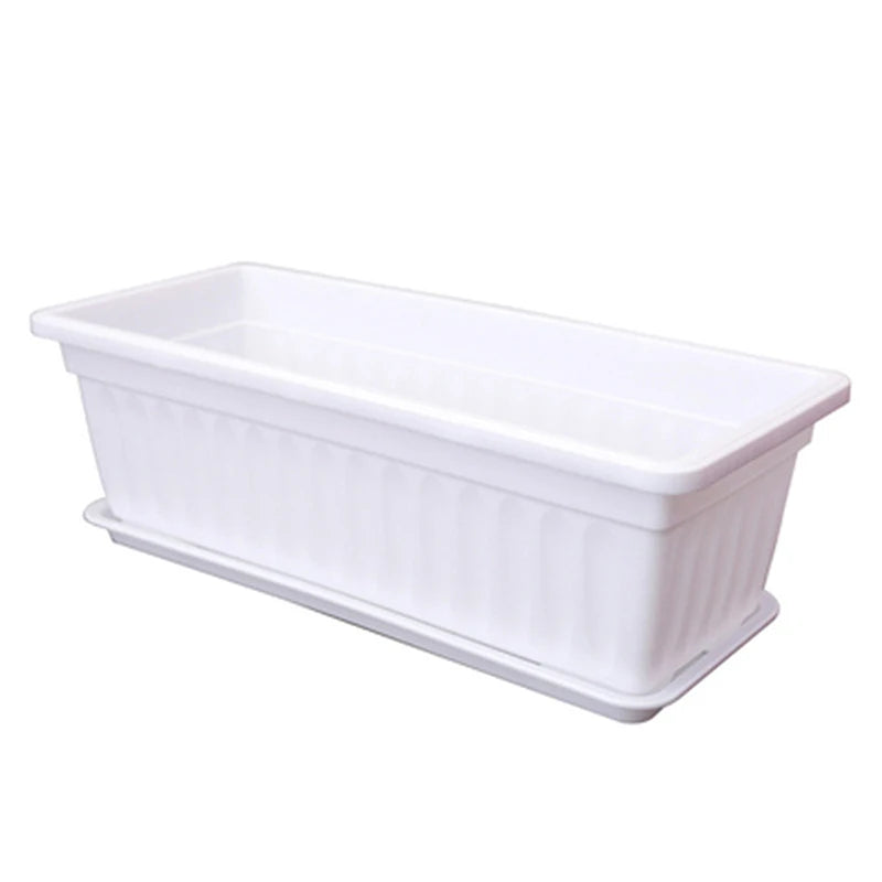Rectangular white plastic planter with smooth sides and open planting area