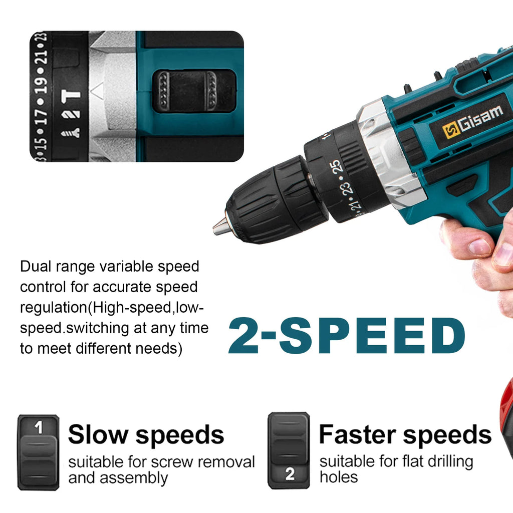 Wiredless Impact Drill Screwdriver Rechargeable Battery Cordless Hammer Drill 25+3Torque Setting Electric Screwdriver Power Tool