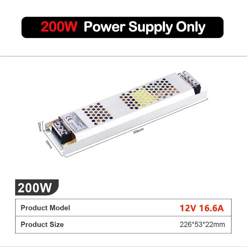 200W LED strip power supply module, labeled 12V 16.6A, with cooling vent panel