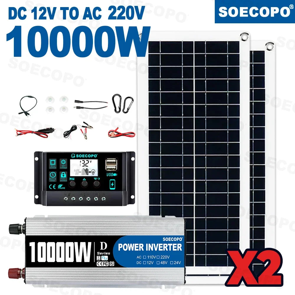 Caravan Solar System Kit Camping DC 12V - AC 110V/220V Inverter Complete Solar Kit for Home 10000w USB 5V/1.5A 100A Controller